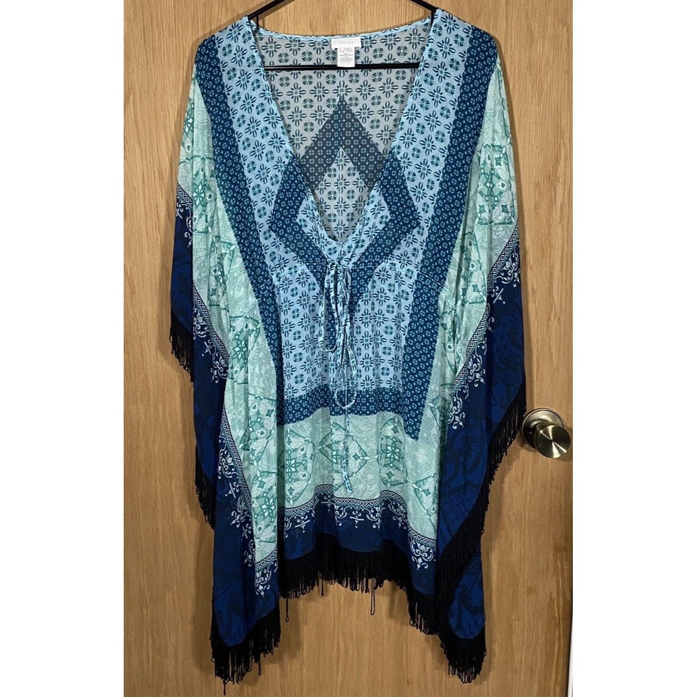 Chico’s Kimono Swim Cover-Up Fringe Sheer Blue Green Boho Coastal Festival L/XL